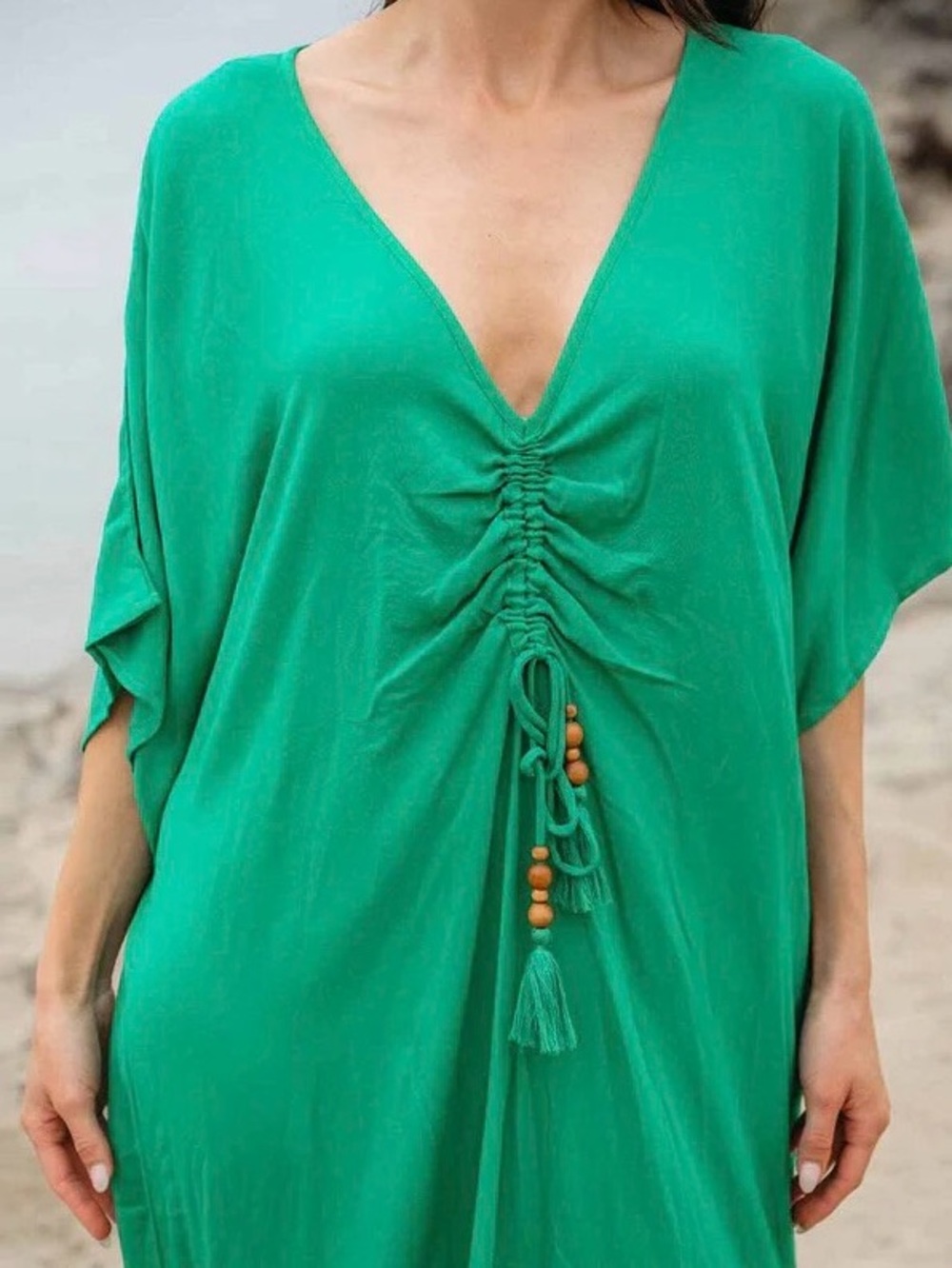 0298. Green V-Neck Ruched Kaftan - Picture 2 of 3